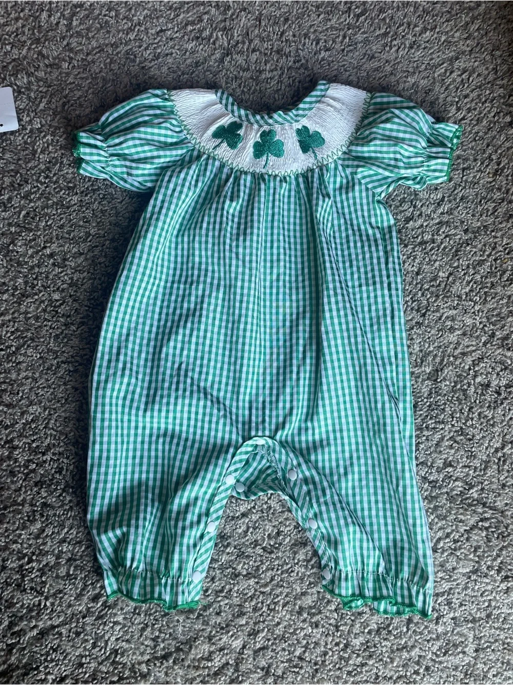 Green Gingham Smocked Baby Romper with Shamrock Embroidery